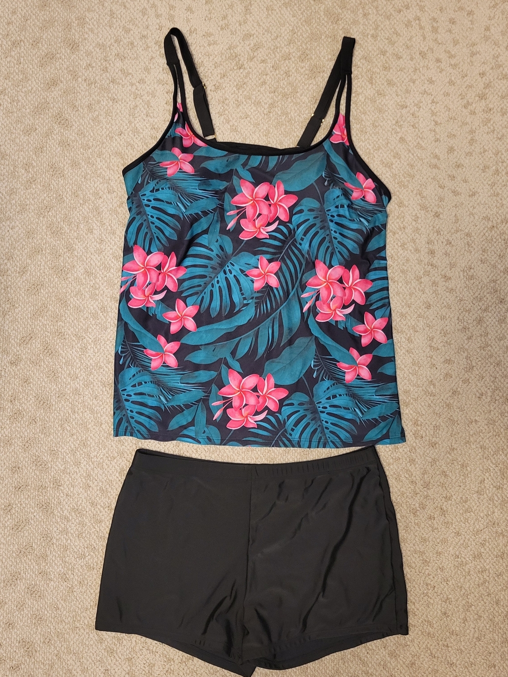 Floral Tropical Tankini Top and Black Swim Shorts - Pink & Teal 2X-3X